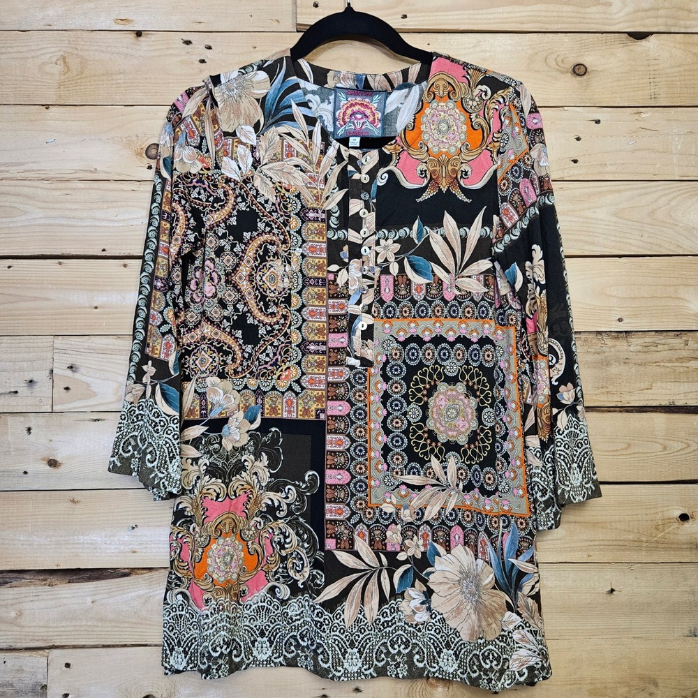 Johnny Was Janie Favorite Floral Paisley Patchwork Tunic Top XS Button Front